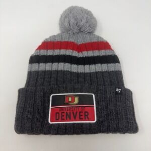 47 Brand University of Denver Pioneers Striped Cuffed Pom Beanie Hat Grey Red